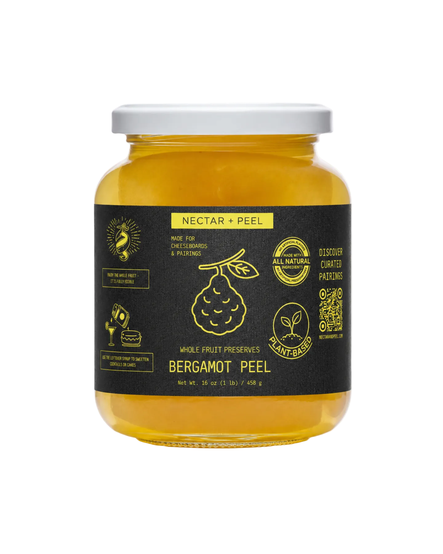 Jar of bergamot peel preserve with a black label on a white background