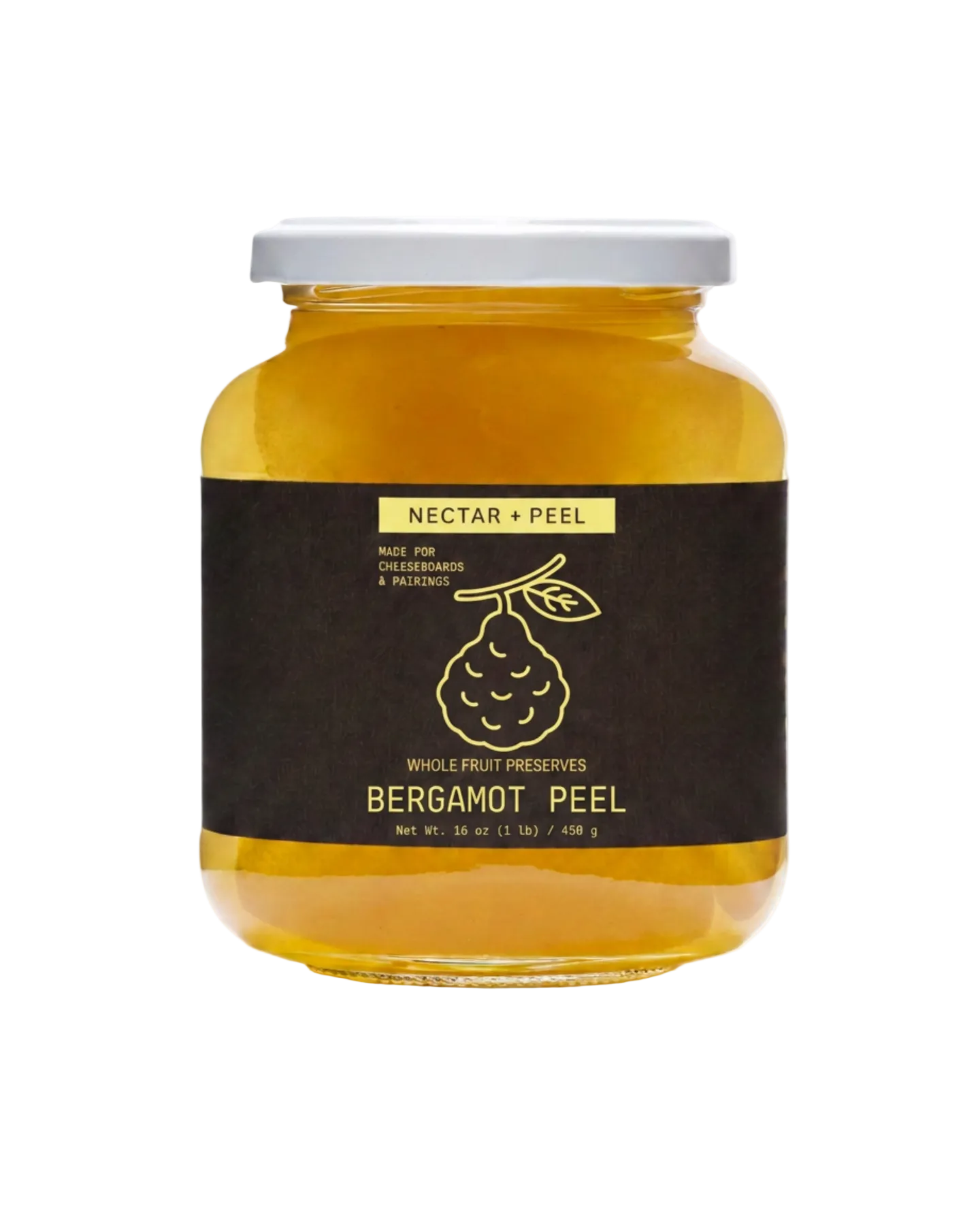 A glass jar of Nectar + Peel Bergamot Peel whole fruit preserves with a dark brown label and white lid, set against a plain white background.