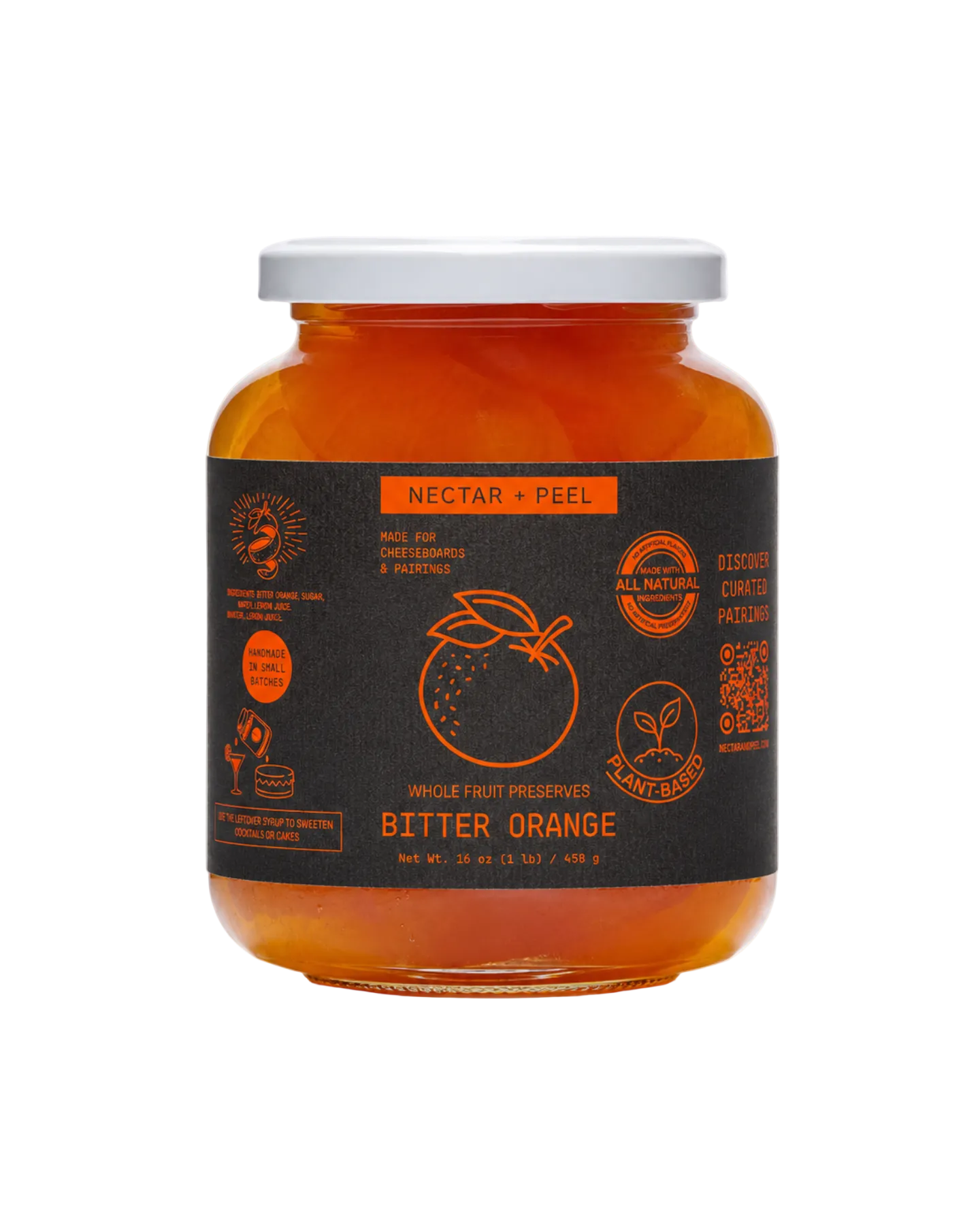 Jar of bitter orange preserve with a black label on a white background
