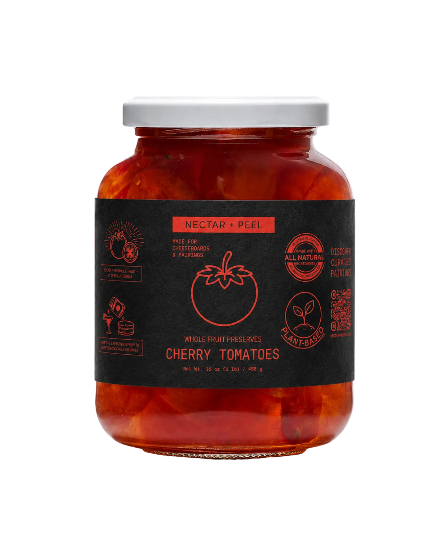 Jar of cherry tomatoes with a black label on a white background