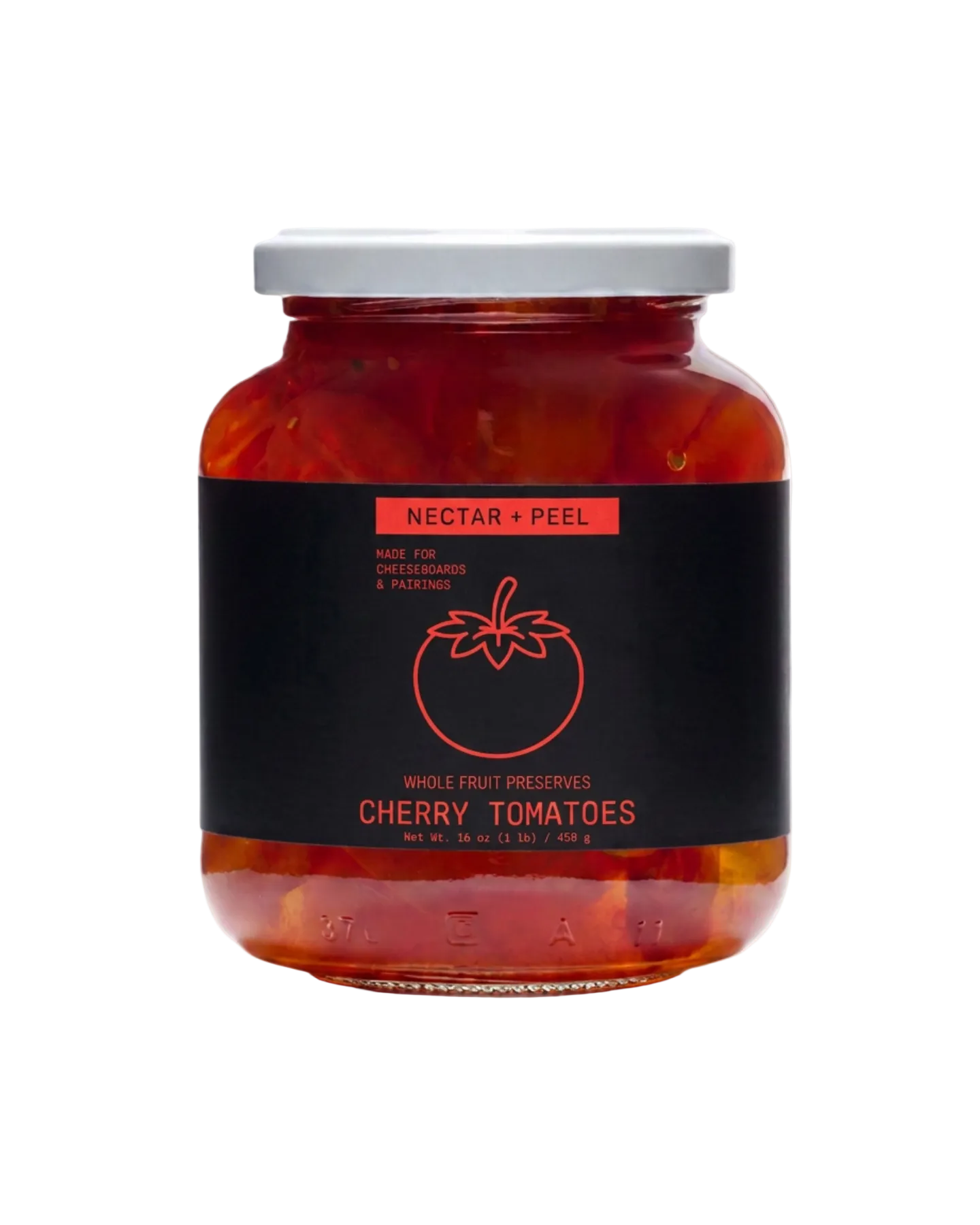 A glass jar of Nectar + Peel Cherry Tomatoes with a black label and white lid, set against a plain white background.