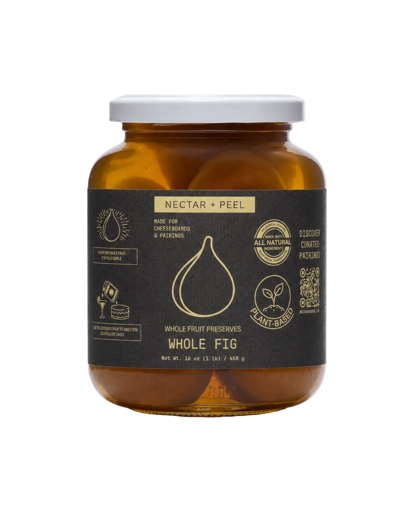 Whole Fig preserved in an Amber glass jar with a black label on a white background