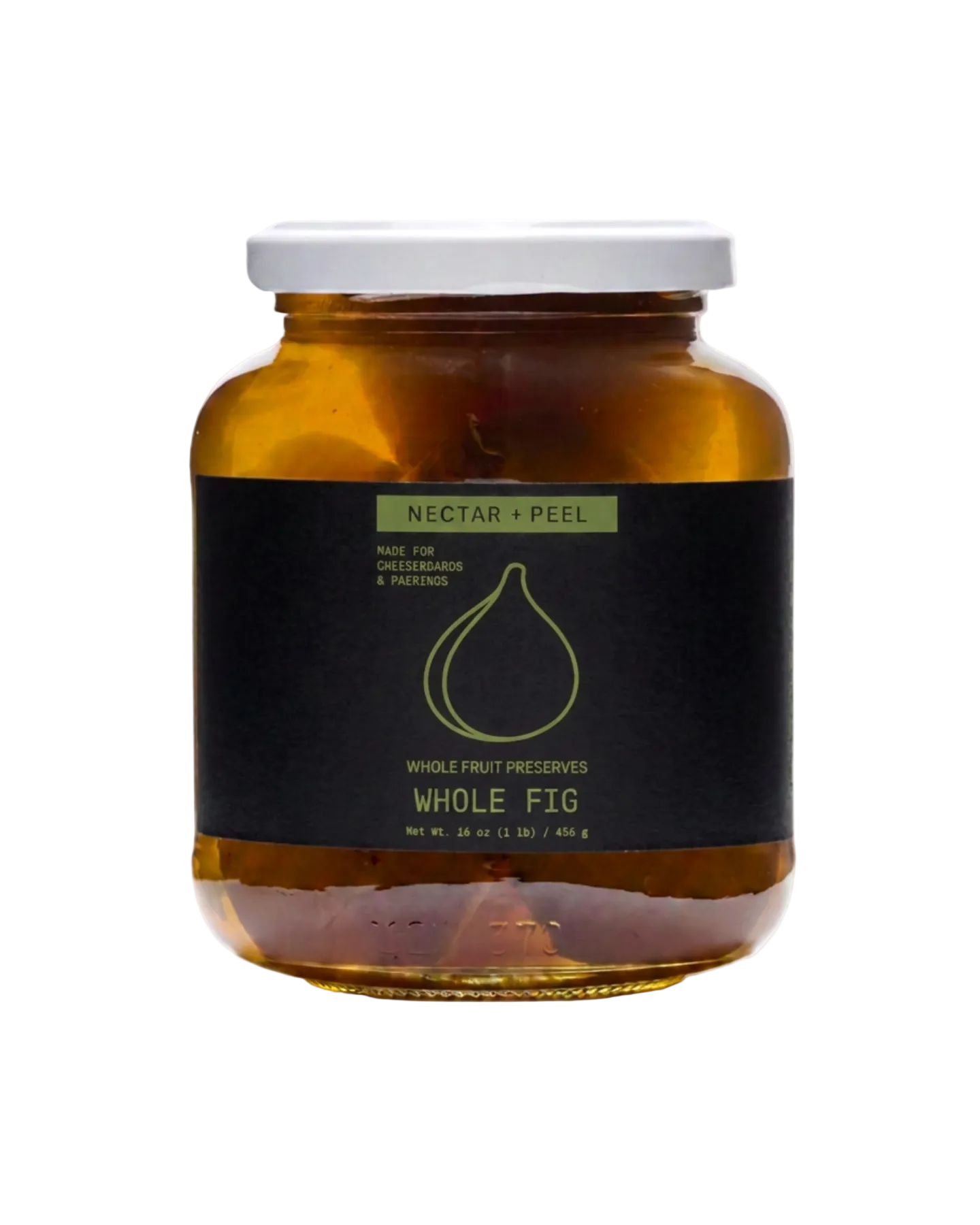 A glass jar of Nectar + Peel Whole Fig Preserves with a white lid and a black label, set against a plain white background.