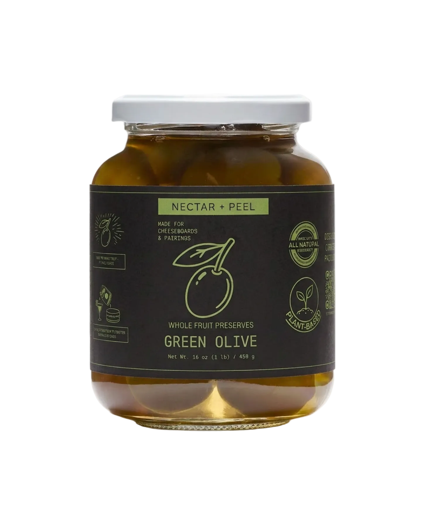 Jar of green olive preserves with a black label on a white background