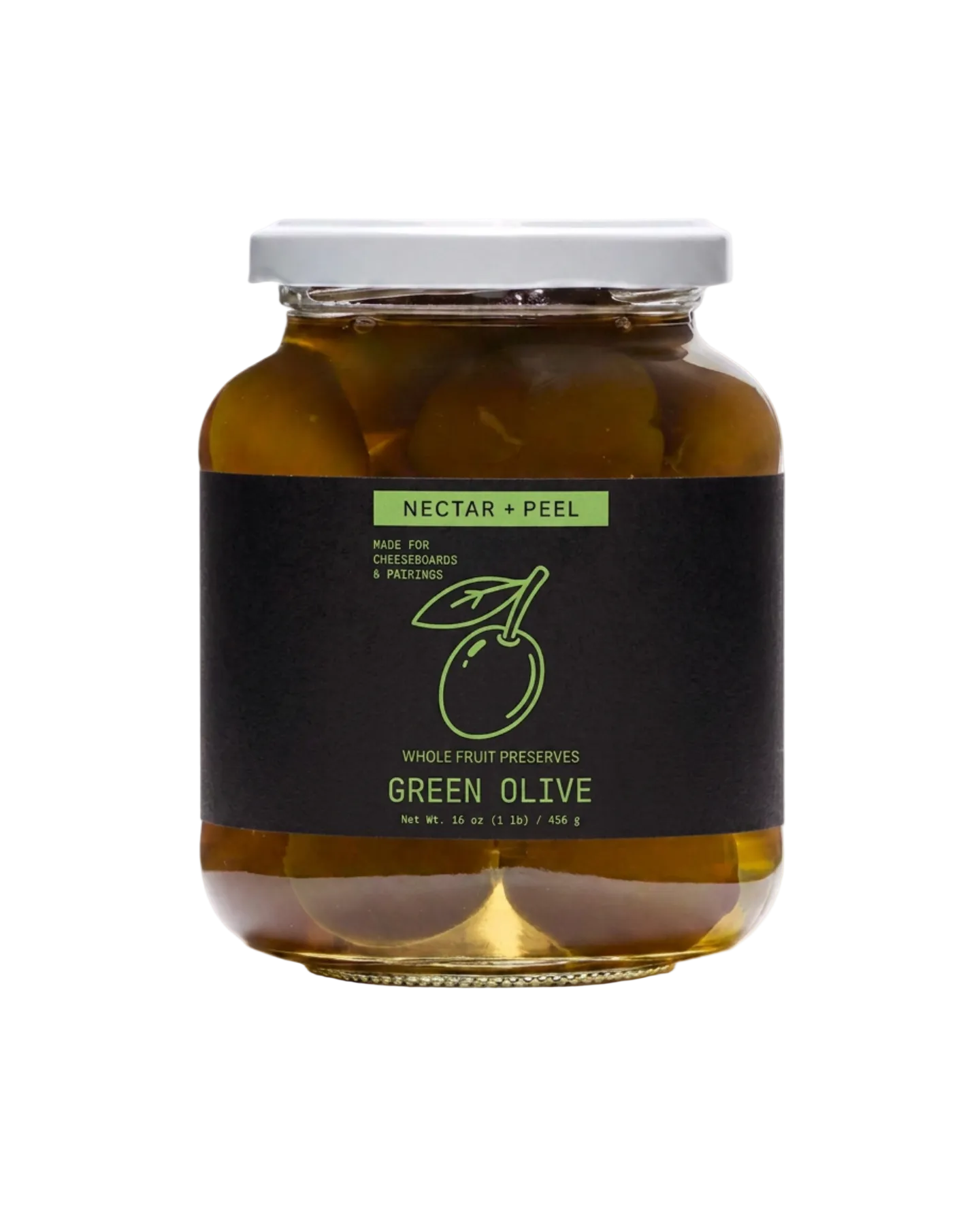 A glass jar of Nectar + Peel Green Olive whole fruit preserves with a black label and white lid, set against a plain white background.