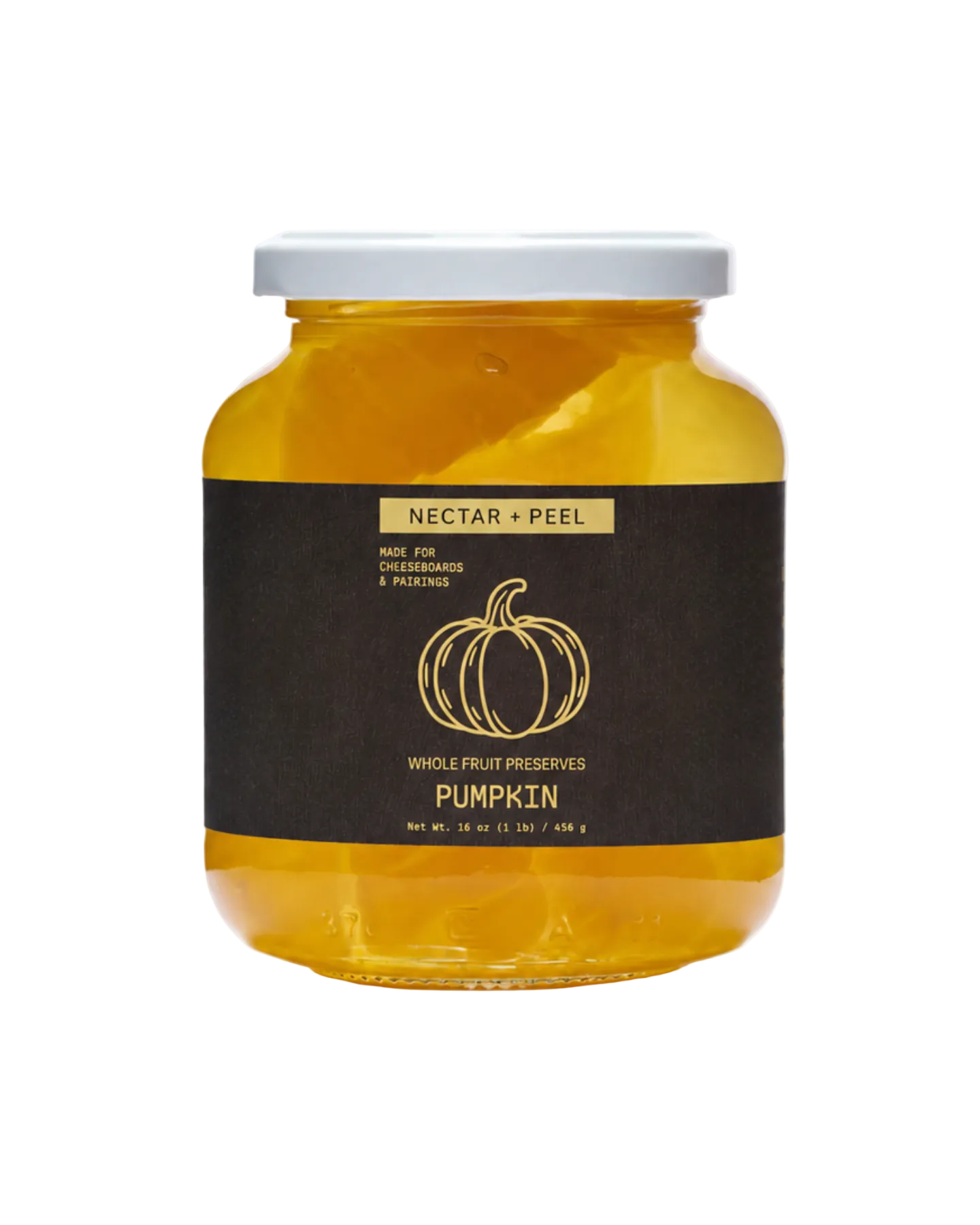 A jar of Nectar + Peel Pumpkin Whole Fruit Preserves with a black label and white lid, set against a plain white background.