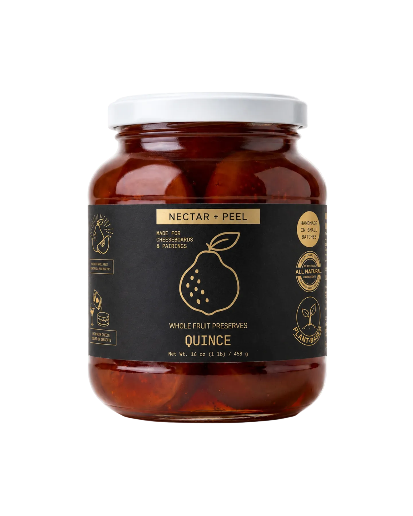 Jar of Nectar + Peel quince preserves on a white background