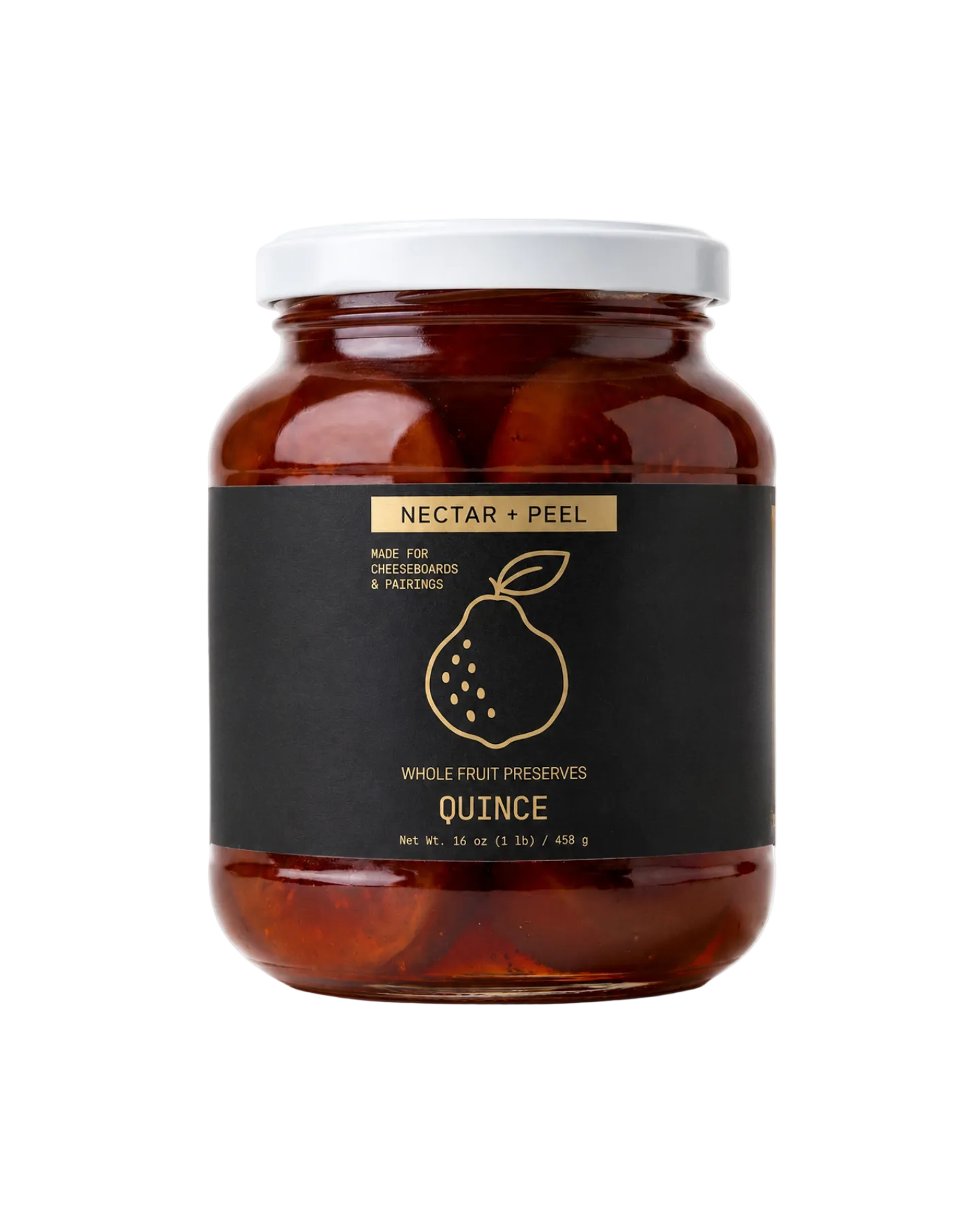 A jar of Nectar + Peel Quince Whole Fruit Preserves with a black label and white lid, set against a plain white background.