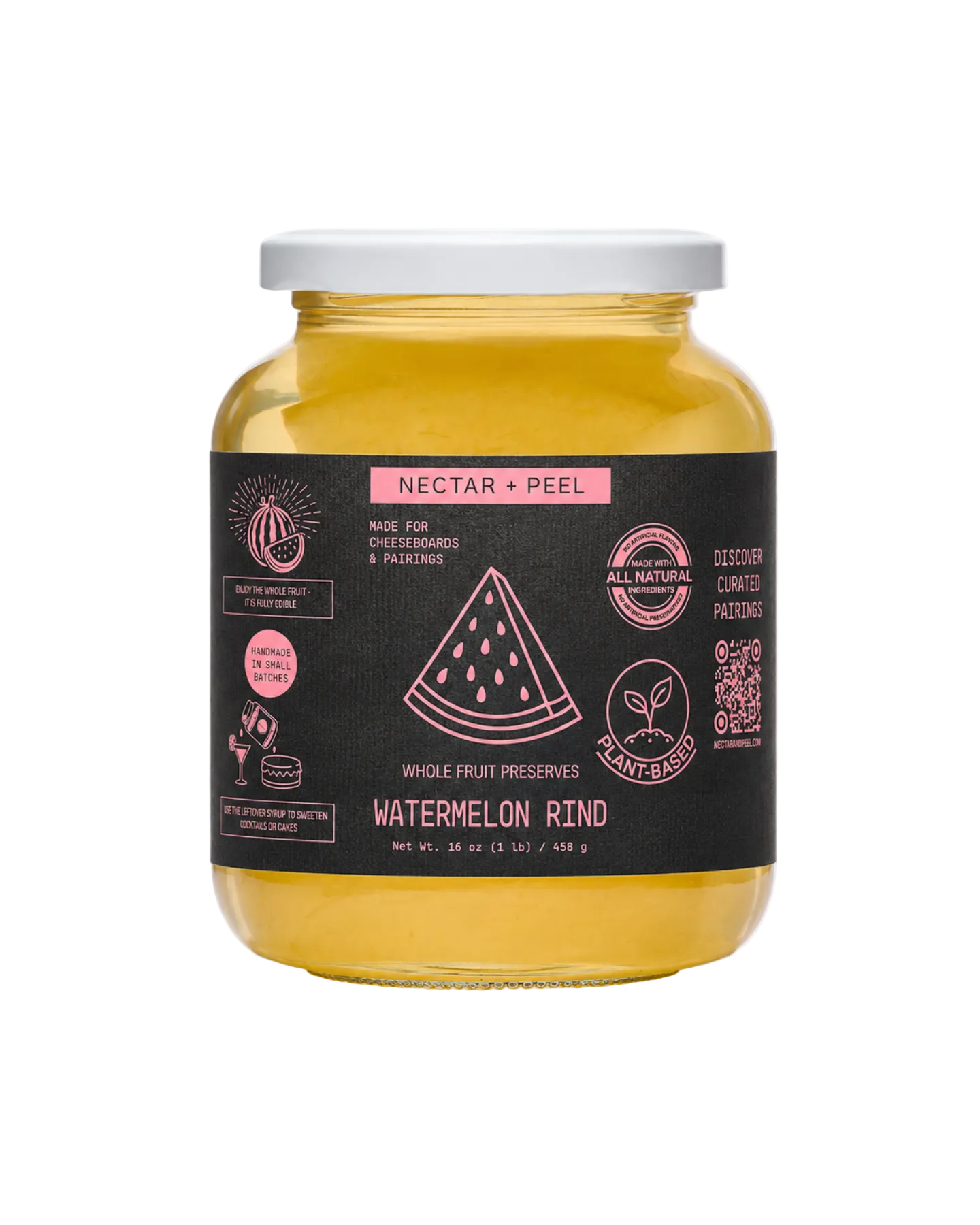 Jar of watermelon rind preserve with a black label on a white background