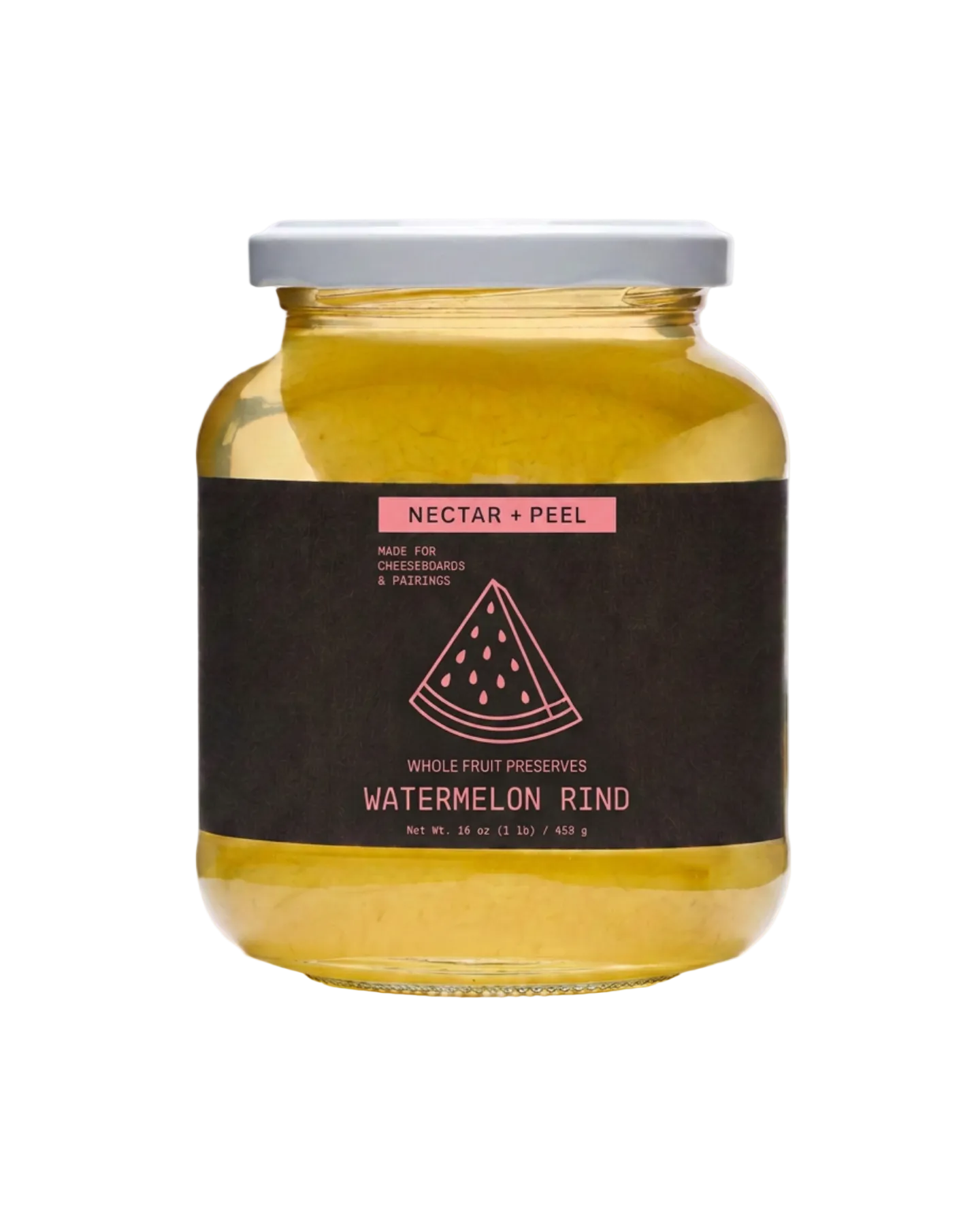 A glass jar of Whole Fruit Preserves Watermelon Rind with a dark brown label and a light gray lid, filled with yellowish-amber preserves, on a white background.